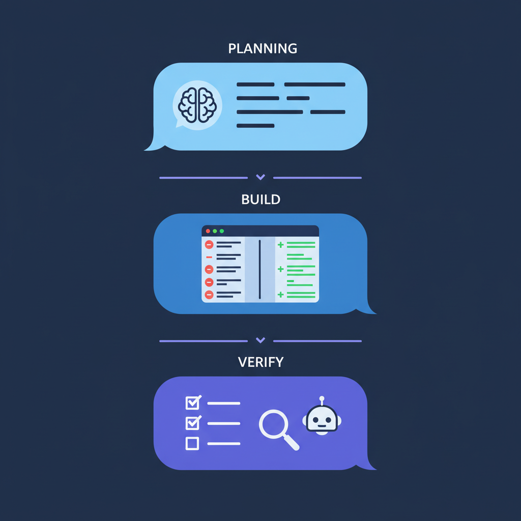 Complete workflow thread in SuperBuilder showing plan, build, verify